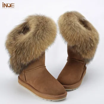 INOE modni visoke zimske cipele za ženske čizme od prave kravlja koža antilop, лисьего krzna, zimske čizme, crna, smeđa, visoka kvaliteta, нескользящие