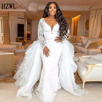  2020 vjenčanicu Sirena s odvojivim suknju Afrički čipkan vjenčanicu sa dugim rukavima i aplikacija Plus Size Vjenčanica