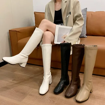  2021 g. Nove VRUĆE udobne ženske čizme do koljena Ženske viteški bijele čizme na platformu Zimske smeđe booties Ženske cipele na nisku petu