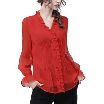  2021 Jesenski Nova ženska bluza u kavez šifona dugih rukava i crvene ukrašen s V-izrez, bez majica s izravnom struka, Elegantne i lagane majice