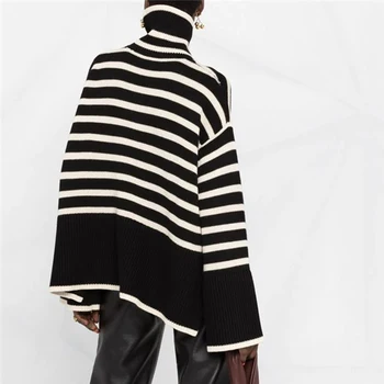  2021 Jesensko-zimska moda Novi ženski džemper u crnu bijelu traku Slobodna водолазка dugi rukav Pulover dugih rukava Pletenje