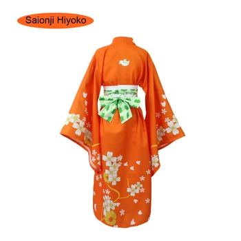  Anime Данганронпа Сайонджи Хийоко Cosplay Kimono Vatromet Stranka Ženska odjeća za predavanja +žuta Dual periku s konjske rep