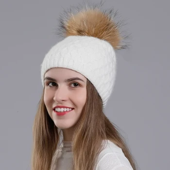  CNTANG Novi 2021 Ženska kapa Zimske tople kape od prirodnih кроличьего krzna Trendi ženski sa помпоном Kape od krzna rakun, Dvostruki sloj