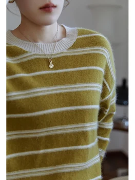  Dušu Ženske ravne Klasicni kontrastne prugaste veste 2021 Zima Nove tanke prigradskim pulover okruglog izreza Džemper Ženski toplo top