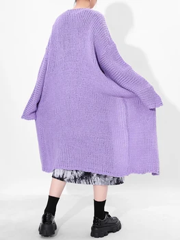  [EAM] Veliki Veličina Ljubičasta Moher Duge pletene kardigan Džemper sa V-izrez s dugim rukavima Za žene Nova moda Jesen Zima 2022 1DD067414