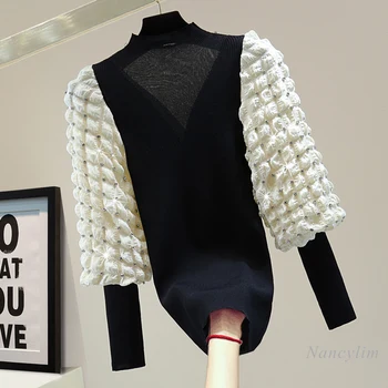  Elastični džemper Za žene Fin Gorski kristal s dugim rukavima odjeća 2021 Jesen zima Korejski stil Slim fit Pulover s bujnim rukavima