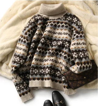  Fair Isle жаккардовый džemper od umjetne vune jesensko-zimski modni novi džemper dugih rukava i visoke воротом, slobodan pulover, džemper za žene