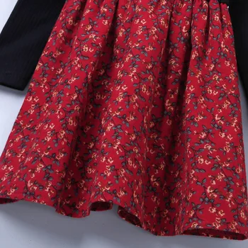  Haljinu s cvjetnim uzorkom i lukom sprijeda za djevojčice s cvjetnim mrljama 2022 Jesen-zima za malu djecu s okruglog izreza i dugi rukav, Crna crvena Svakodnevno haljina trapeznog oblika