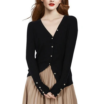  High street Elegantan V-izrez u obliku Ženski crni vuneni džemper Pletene kardigan 2021 Jesen Nova odjeća Modne Svakodnevne toplo tanke veste