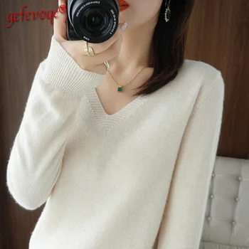  Jesen zima 2021 Ženska Svakodnevni korejski moda Toplo V-izrez u obliku čvrste osnovne puloveri Ženski pletene džemper dugih rukava Besplatne majice