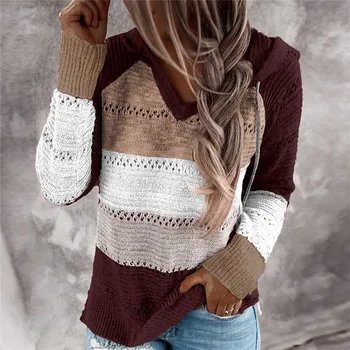  Jesen ženski лоскутный pulover s kapuljačom dugih rukava i V-izrez Pletene džemper Casual prugasti pulover Skakači 2021 Nove ženske hoodies