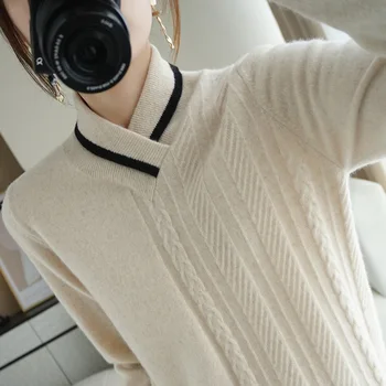  Jesensko-Zimskom Novi Stil Čiste Vune Ženski pulover s V-izrez Pogađa Boje Niša Dizajn Debelog Pletenje Osnovne Veste