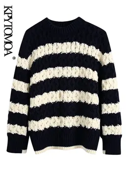  KPYTOMOA Ženska moda Debeli topli prugasta pletene džemper i Starinski O-izrez u obliku dugih rukava Ženski puloveri Šik vrhovima