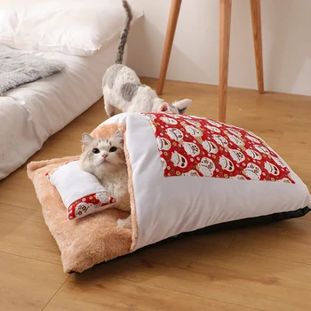  Krevet za mačke za prostorije, Kućni pas Mačka Флисовый vreća za Spavanje Odvojiva podloga za kućne ljubimce u japanskom stilu Zima toplo Krevet za mačke s jastukom