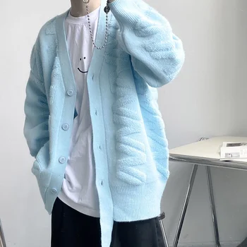  Muški veliki Plavi kardigan Džemper Korejski Trend Asimetrični Dizajn Vez ručnikom Slobodno однобортное kaput sa V-twin ovratnik