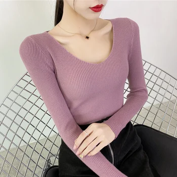 Novi jesenski ženski džemper 2021 dugi rukav na zakopčane sprijeda Korejski plava рубчатый pletene elastične džemper Ženski džemper, pulover