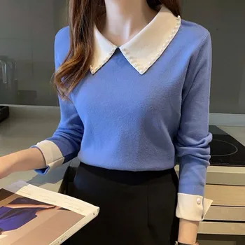  OL Osnovni pletene džemper s низом 2021 Ženski Novi Korejski stil, šivana pulover, veste, tanke crne i bijele pletene majice D64