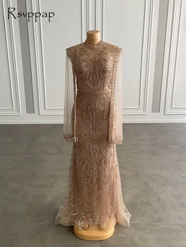  Ovi zapanjujući Duge Elegantne večernje haljine 2022 Sirena s okruglog izreza Luksuzni perle Šampanjac Dubai Ženske haljine sa šalom