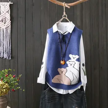  Prsluk Ženski pletene prsluk s okruglog izreza s kraćim krakom Džemper s medvjedom Prsluk Jesensko-zimska jakna Pulover Slobodna ženska odjeća
