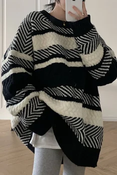  Prugasti džemper Ženski jesensko-zimskom slobodan pulover Lijeni vjetra odjeća Džemper Srednje I Duge dužine Top Elegantan kaput Ranoj jeseni