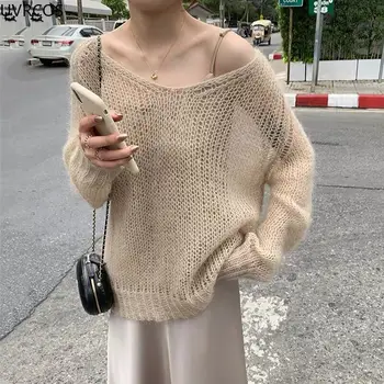  Seksi ravnici tanke veste Ženski Berba šuplje pleteni pulover s V-neck za djevojčice Proljeće slobodna majica Korejski šik Vanjska odjeća