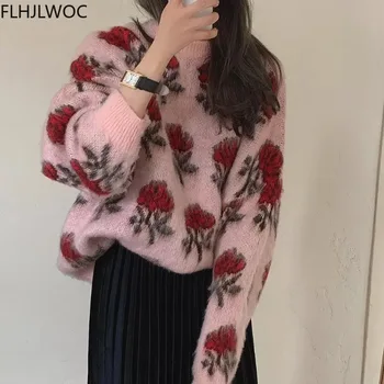  Slobodan Lijeni Retro Vintage Pletene Kardigan Džemper Cvijet Šik Korejski Japanski Stil Djevojke Svakodnevne Vrhovima Pulover 2021 Jesen Zima