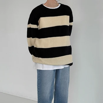  Slobodan prugasta pletene muški džemper u korejskom stilu s okruglog izreza i dugim rukavima Majice Za muškarce Jesen moda Casual pulover visoke kvalitete Za muškarce