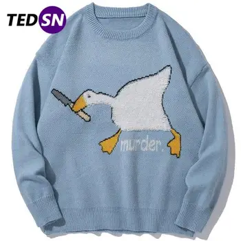  TEDSN 2021 Zimski Guska patka s cartoonish po cijeloj površini Harajuku Korejski stil Muški pletene džemper, pulover velike veličine, muška odjeća