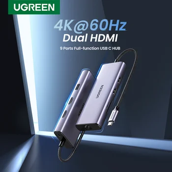  UGREEN USB hub C Dual 4K 60 Hz USB C na HDMI 2.0 RJ45, USB Adapter PD za Macbook Air M1 Pro iPad Pro Pribor, USB C Pojas