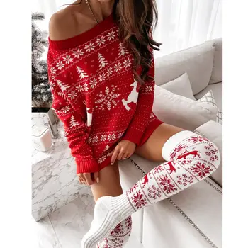  Vrući Božićni ženski džemper Djed Mraz Božićno ispis dugih rukava i okruglog izreza Božićni pletene pulover Džemper Top Kardigan Dres