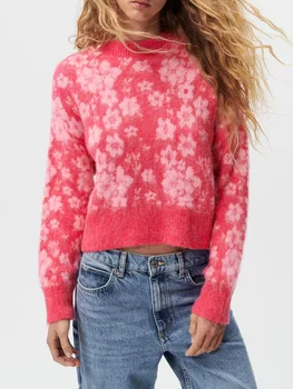  ZA jesen novi pink temperament okrugli izrez dugi rukav slatko cvijeće mekana voštana džemper жаккардовый pletene pulover za žene
