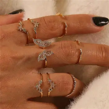  Zlato Srebro Boja Geometrijski Prstenovi Set za Žene Moda Križ Twist Crystal Joint Ring Ženske Djevojke Nakit Pokloni
