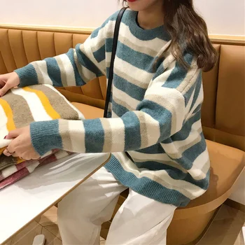  Ženske prugasti pulover Jesen Zima Kontrastne boje Veste Studentski dugi rukav Slobodan Lijeni Spustu Dres Ulzzang Korejski Ins