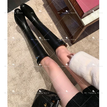  Ženske čizme do koljena za jahanje Tople ženske cipele na debelom visoke potpetice moto čizme punk-obuća Ženska sivo-smeđa klasična metalna kopča