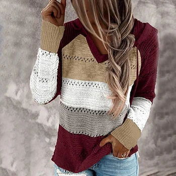  Ženski džemper Casual prugasta pletene pulover s kapuljačom Skakači dugi rukav V-neck, Kolaž kukičane veste Ženski jesen hoodies